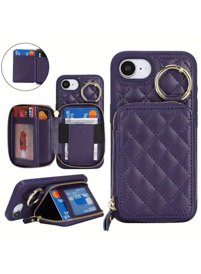 غلاف Deep Purple iPhone 16e بمحافظ فتحة البطاقات وحجرة سحاب وحلقة حامل - Image 1