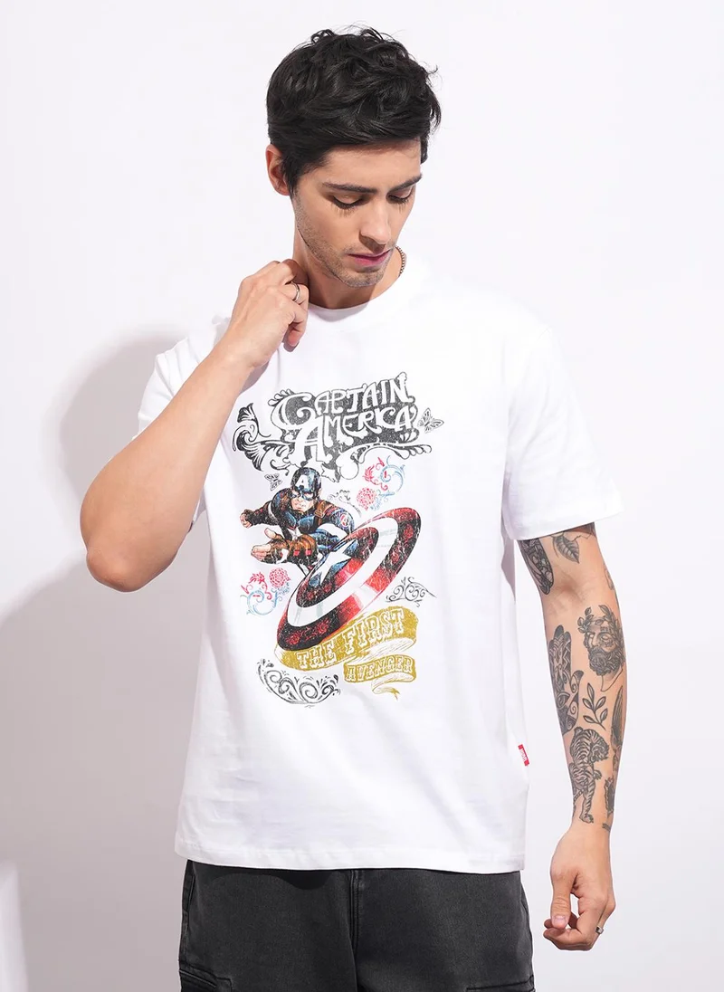بيينغ هيومان Captain America Printed Drop-Shoulder Sleeves Pure Cotton T-shirt