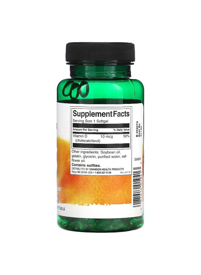 SWANSON Swanson, Vitamin D3, 10 mcg (400 IU), 250 Softgels  - Image 2