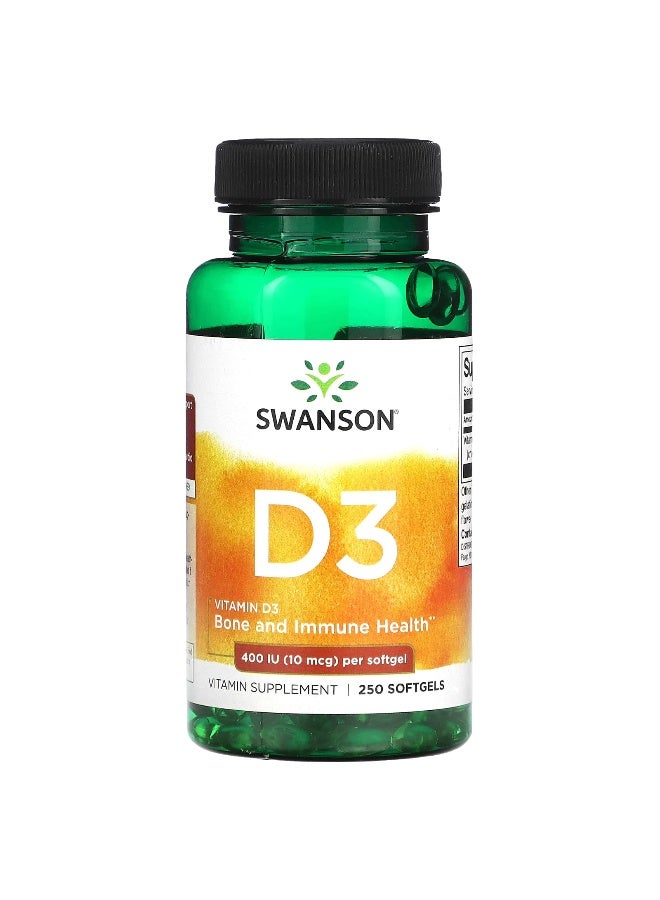SWANSON Swanson, Vitamin D3, 10 mcg (400 IU), 250 Softgels  - Image 1