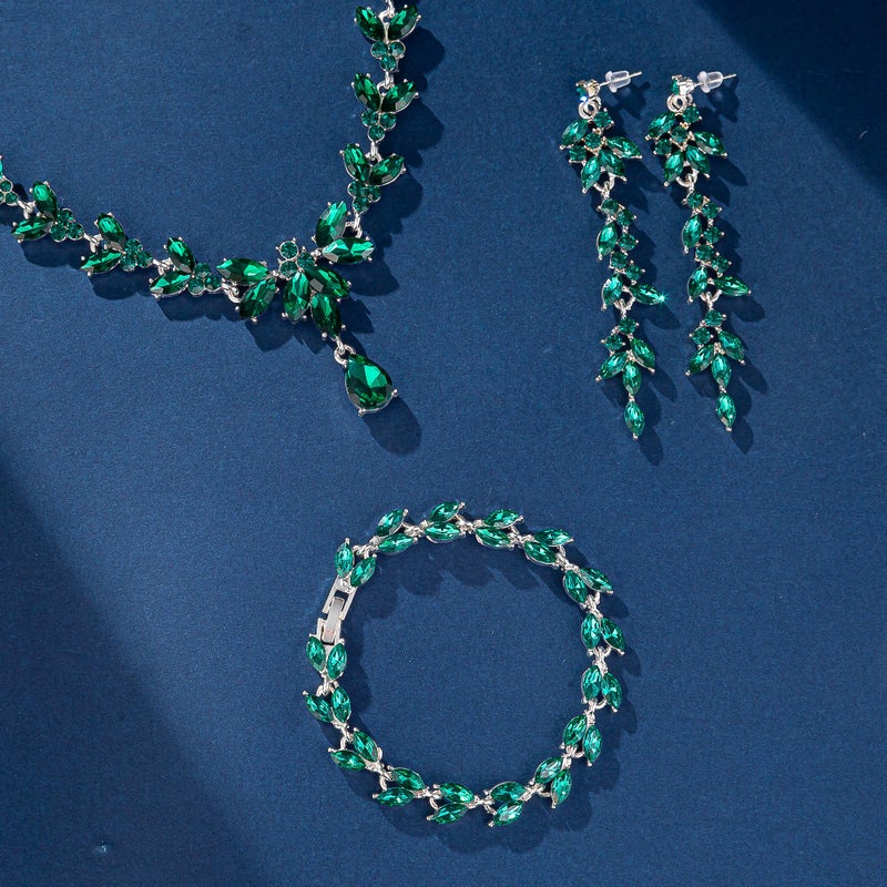 Paxuan Wedding Jewelry Sets for Bride Bridesmaid Bridal Jewelry Set for Women Wedding Crystal Necklace Earrings Bracelet Set for Party Prom Jewelry (Emerald Green - Silver) - Image 4