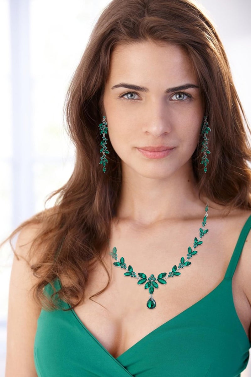 Paxuan Wedding Jewelry Sets for Bride Bridesmaid Bridal Jewelry Set for Women Wedding Crystal Necklace Earrings Bracelet Set for Party Prom Jewelry (Emerald Green - Silver) - Image 2
