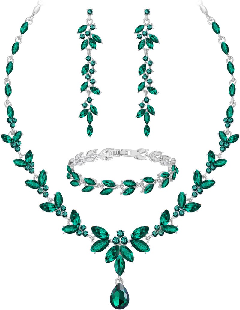 Paxuan Wedding Jewelry Sets for Bride Bridesmaid Bridal Jewelry Set for Women Wedding Crystal Necklace Earrings Bracelet Set for Party Prom Jewelry (Emerald Green - Silver) - Image 1