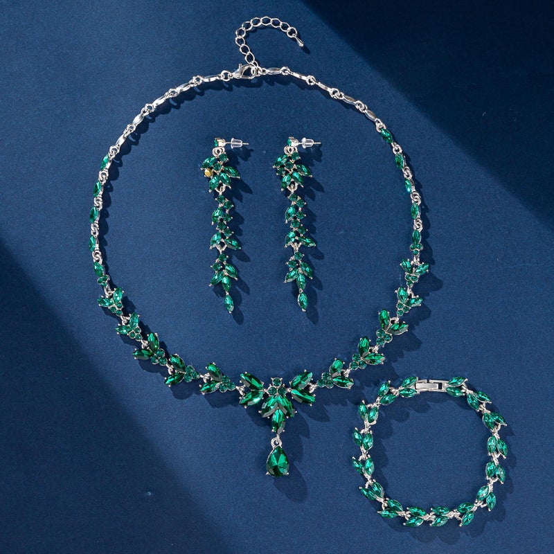 Paxuan Wedding Jewelry Sets for Bride Bridesmaid Bridal Jewelry Set for Women Wedding Crystal Necklace Earrings Bracelet Set for Party Prom Jewelry (Emerald Green - Silver) - Image 5
