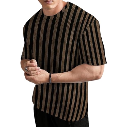 KAJARU Men's Striped Waffle Pattern T-Shirt, Round Neck (in, Alpha, XL, Regular, Cream) - Image 1