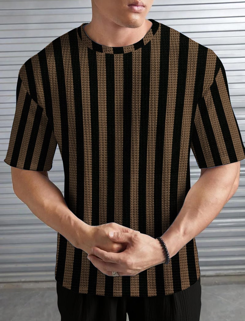KAJARU Men's Striped Waffle Pattern T-Shirt, Round Neck (in, Alpha, XL, Regular, Cream) - Image 4