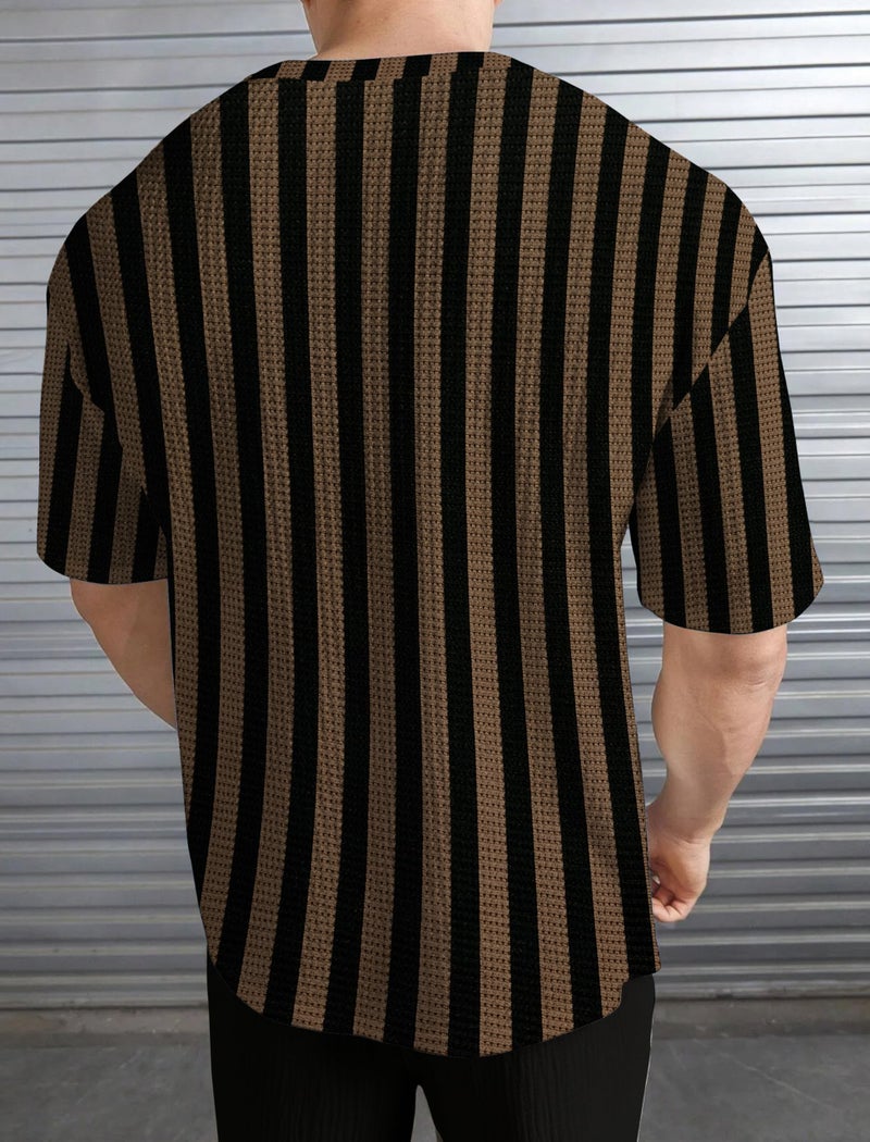 KAJARU Men's Striped Waffle Pattern T-Shirt, Round Neck (in, Alpha, XL, Regular, Cream) - Image 2