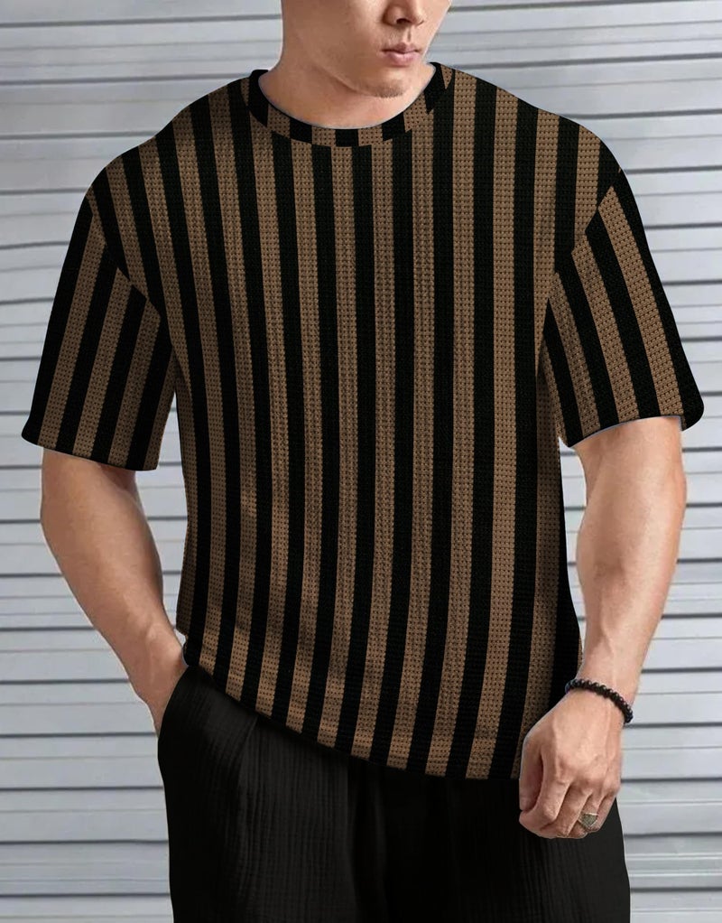KAJARU Men's Striped Waffle Pattern T-Shirt, Round Neck (in, Alpha, XL, Regular, Cream) - Image 3