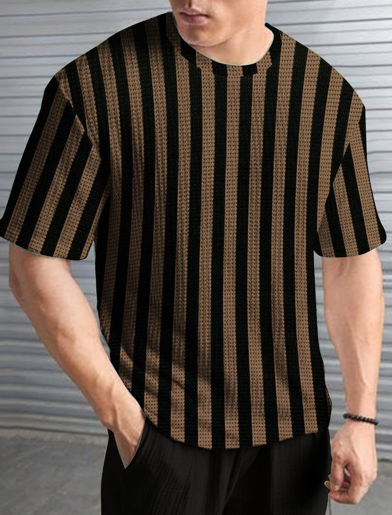 KAJARU Men's Striped Waffle Pattern T-Shirt, Round Neck (in, Alpha, XL, Regular, Cream) - Image 5