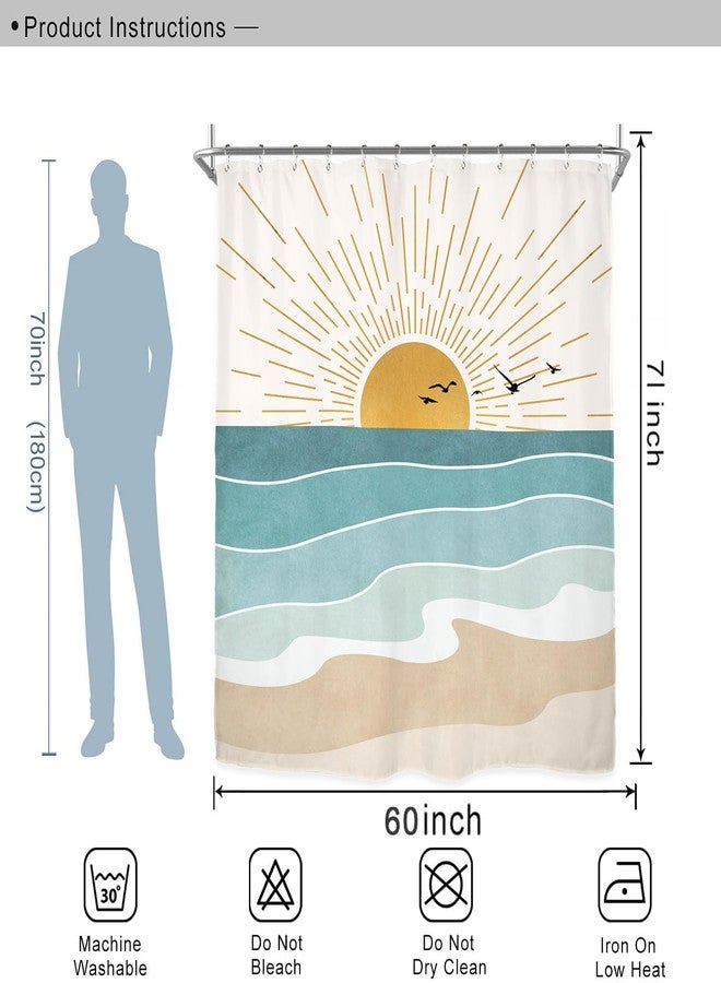 Miyotaa Abstract Sun Minimalist Shower Curtain Set 60Wx71H Inches Beach Sunrise Aesthetic Coastal Teal Turqoise Aqua Polyester Waterproof Cloth Bathroom Curtain with 12 Hooks - Image 3