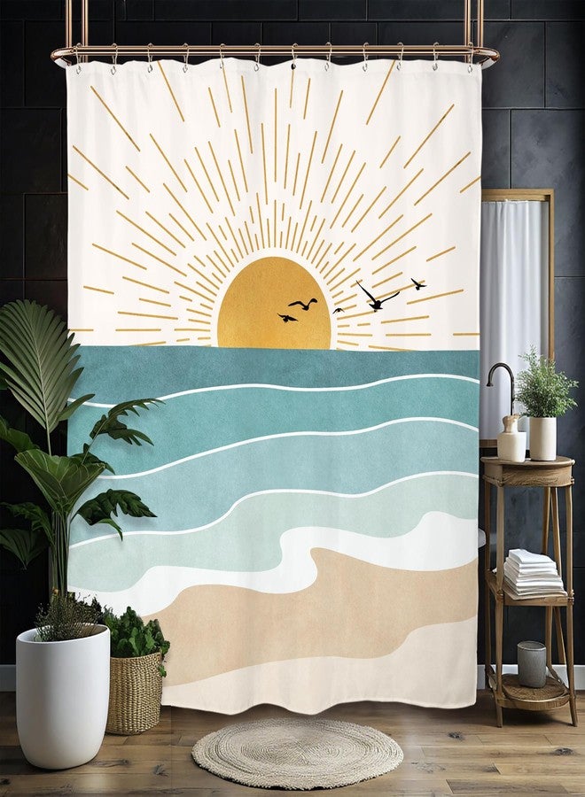 Miyotaa Abstract Sun Minimalist Shower Curtain Set 60Wx71H Inches Beach Sunrise Aesthetic Coastal Teal Turqoise Aqua Polyester Waterproof Cloth Bathroom Curtain with 12 Hooks - Image 2
