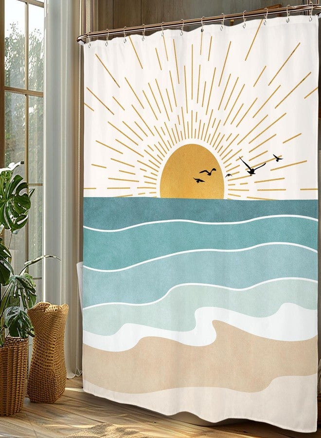 Miyotaa Abstract Sun Minimalist Shower Curtain Set 60Wx71H Inches Beach Sunrise Aesthetic Coastal Teal Turqoise Aqua Polyester Waterproof Cloth Bathroom Curtain with 12 Hooks - Image 5