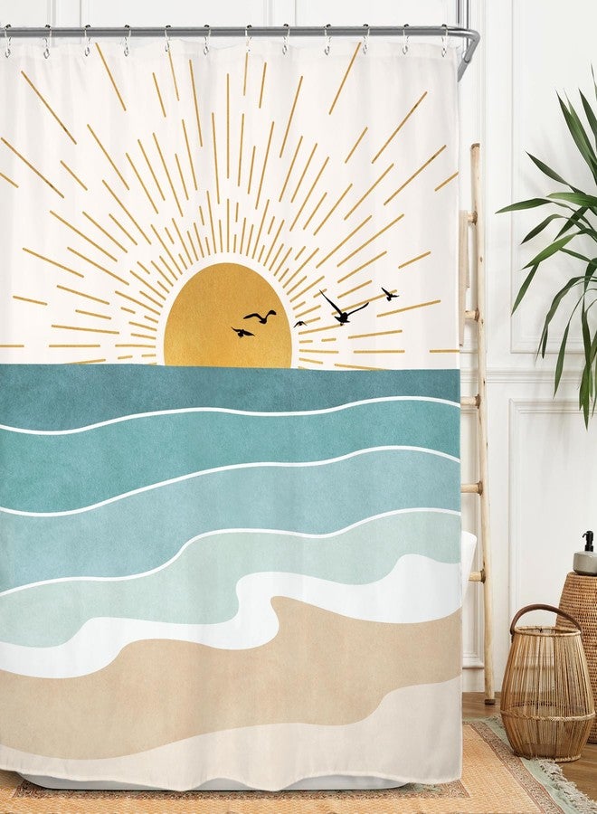 Miyotaa Abstract Sun Minimalist Shower Curtain Set 60Wx71H Inches Beach Sunrise Aesthetic Coastal Teal Turqoise Aqua Polyester Waterproof Cloth Bathroom Curtain with 12 Hooks - Image 1