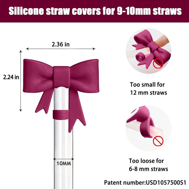 Hpebl 4Pcs Silicone Straw Toppers Covers for Stanley Cups 40/30oz 10mm(0.4in) Wine Red Dust-Proof Bow Straw Covers Toppers Suitbale for Stanley Cup Accessories Reusable Straws Caps - Image 2