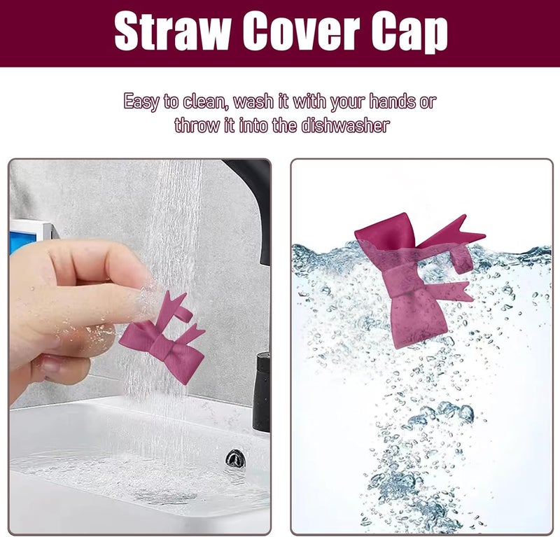 Hpebl 4Pcs Silicone Straw Toppers Covers for Stanley Cups 40/30oz 10mm(0.4in) Wine Red Dust-Proof Bow Straw Covers Toppers Suitbale for Stanley Cup Accessories Reusable Straws Caps - Image 3
