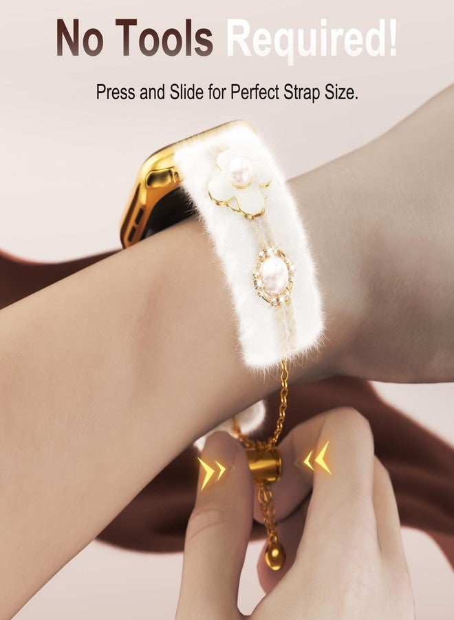 YMHML Furry Band Compatible for Apple Watch Bands for Women 40mm 42mm 41mm 38mm 44mm 45mm 46mm 49mm, Cute Dressy Warm Hairy Fluffy Pearl Diamond Strap for iWatch Series 11 10 9 8 7 6 5 4 3 SE Ultra - Image 3