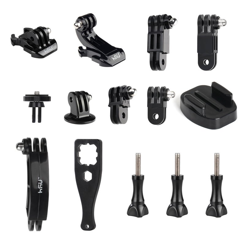 HSU Basic Adapter Grab Bag for GoPro - 13pcs Kit Including Quick Release Buckle, J-Hook Buckle, 3-Way Pivot Arms, Tripod Mount, Curved Extension Arm and Thumbscrews - Image 1
