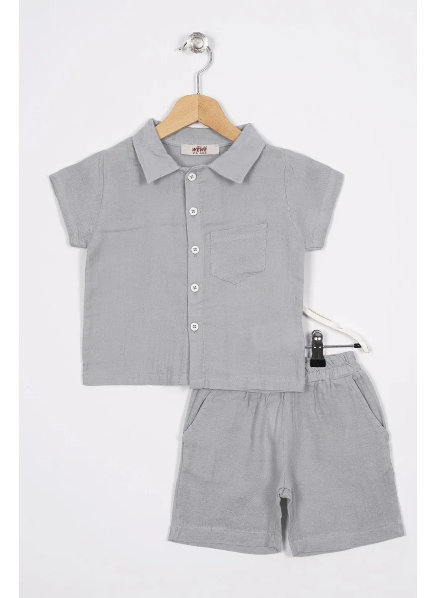 Zepkids Shirt Collar Short Sleeve Gray Color Boy Shorts Set