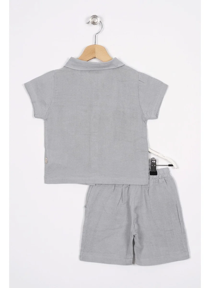 Zepkids Shirt Collar Short Sleeve Gray Color Boy Shorts Set