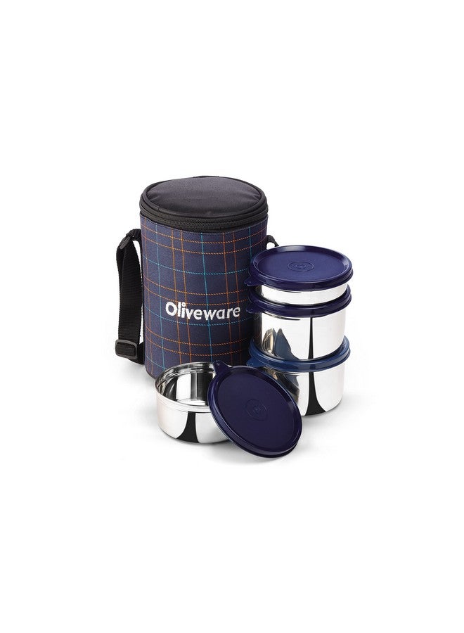 SOPL-OLIVEWARE علبة غداء أوليف وير ميغا، 100% مضادة للتسرب، 4 حاويات من الفولاذ المقاوم للصدأ مع أغطية محكمة خالية من BPA (300 مل، 450 مل و 2×600 مل)، حقيبة قماش (زرقاء) - Image 1