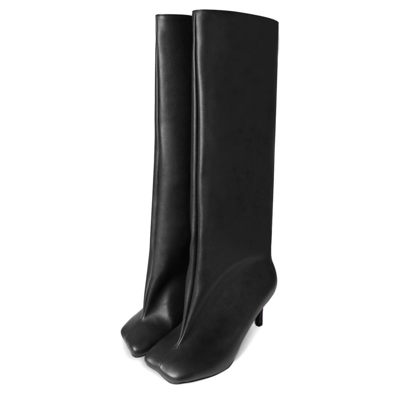 UBWDU Women's Knee High Boots Wide Calf Square Toe Stiletto Heels Tall Booties High Heel Long Boots Black PU Size 11 - Image 1