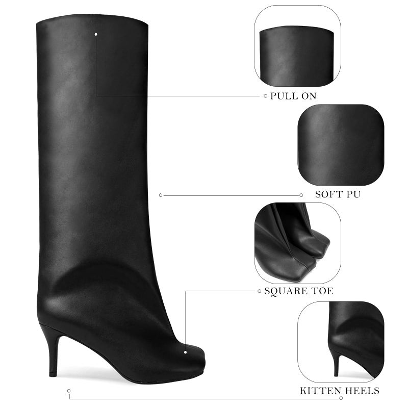 UBWDU Women's Knee High Boots Wide Calf Square Toe Stiletto Heels Tall Booties High Heel Long Boots Black PU Size 11 - Image 4