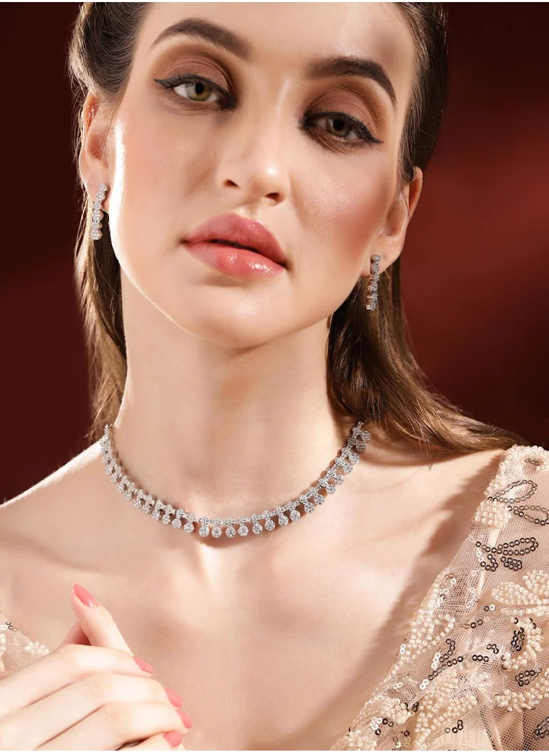 برياسي Plated AD Stone Studded Floral Pattern Brass Necklace and Earrings