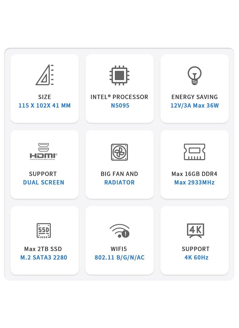Mini S Mini PC Computers Desktop Windows 11 Pro，8GB DDR4 RAM 256GB SSD，Intel 11th Gen 4-Cores 2.9Ghz N5095, Dual HDMI 4K 60Hz/Gigabit Ethernet/WiFi/BT, Support 2.5 inch HDD - pzsku/Z45CBCA51C595B3233F68Z/45/_/1699092871/16cb5ddf-a0b3-4e51-8c1a-007701bea467