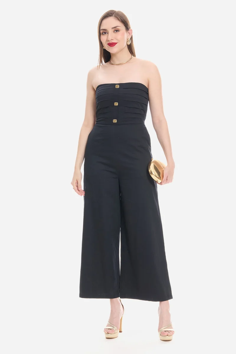 Virgio Solid Cotton Satin Button Detail Jumpsuit for Women