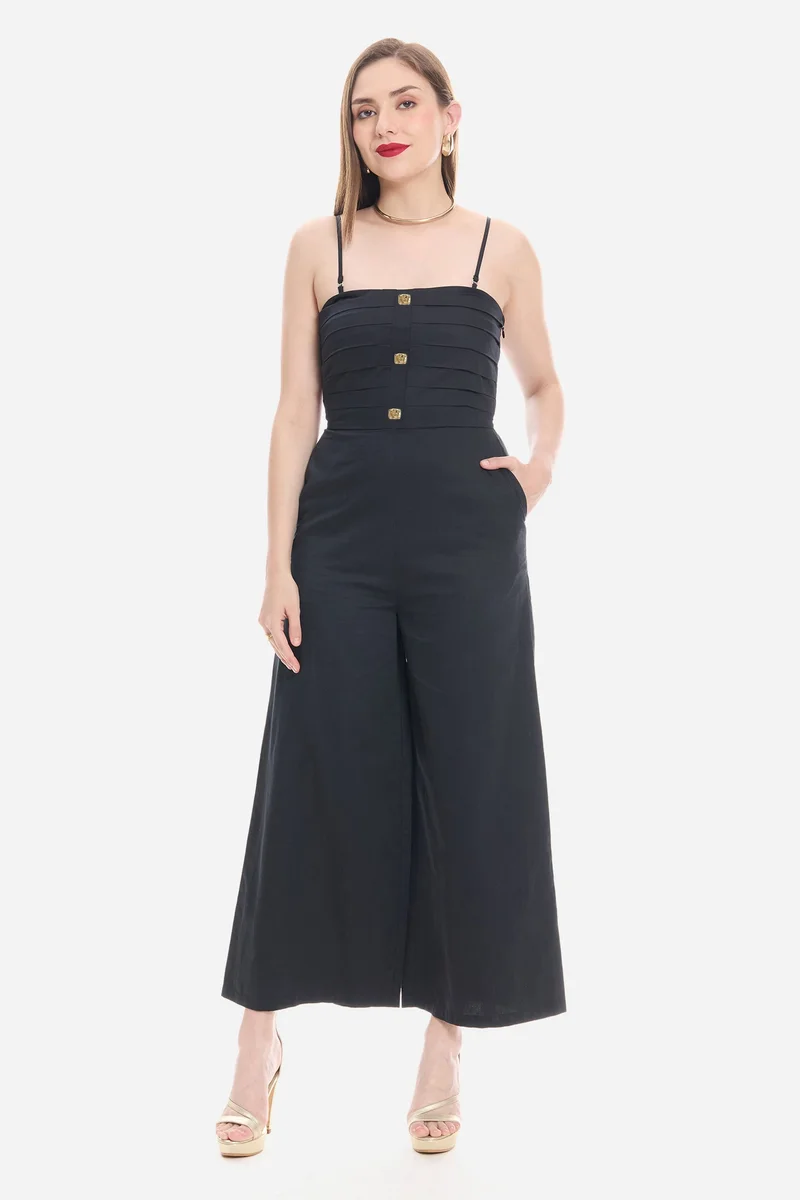Virgio Solid Cotton Satin Button Detail Jumpsuit for Women