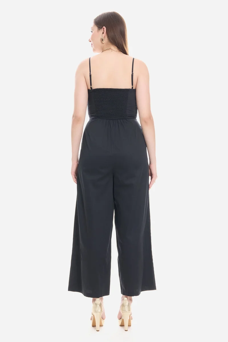 Virgio Black Solid Cotton Satin Button Detail Jumpsuit for Women for Women | Best Price UAE
