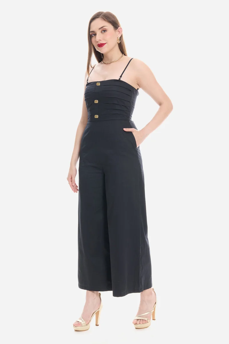 Virgio Black Solid Cotton Satin Button Detail Jumpsuit for Women for Women | Best Price UAE