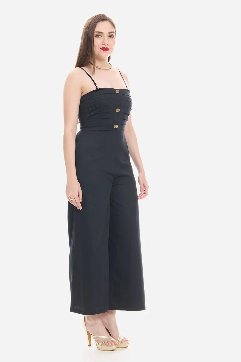 Virgio Black Solid Cotton Satin Button Detail Jumpsuit for Women for Women | Best Price UAE