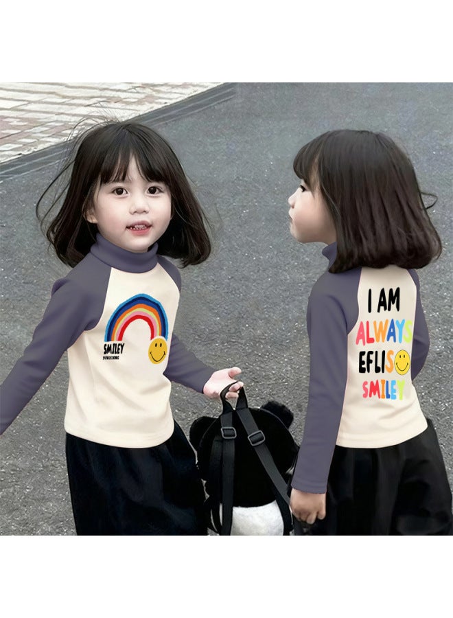 Girls' Thermal Base Layer Top Autumn And Winternew Style For Older Children, Half Turtleneck, Warm Inner Layer, Color-blocking Long Sleeves