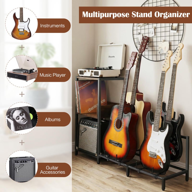 Bikoney Guitar Stand for 4 Guitars - Acoustic, Electric, Bass & Ukulele Floor Rack with 2 Wood Shelves for Amp Holder, Vinyl Records & Media Storage - Adjustable Multi Guitar Display Stand for Music Studio Home (Patent) - Image 4