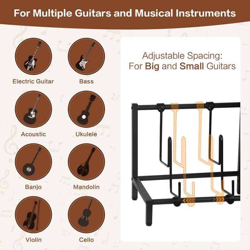 Bikoney Guitar Stand for 4 Guitars - Acoustic, Electric, Bass & Ukulele Floor Rack with 2 Wood Shelves for Amp Holder, Vinyl Records & Media Storage - Adjustable Multi Guitar Display Stand for Music Studio Home (Patent) - Image 2