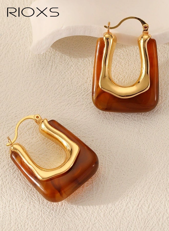 ريوكس أقراط نسائية مستطيلة الشكل من الأكريليك، أقراط كبيرة من الراتنج الهندسي المطلي بالذهب، أقراط خفيفة الوزن ومضادة للحساسية، هدايا مجوهرات عصرية للأم، الابنة، الصديقة وأحبائك - Image 1