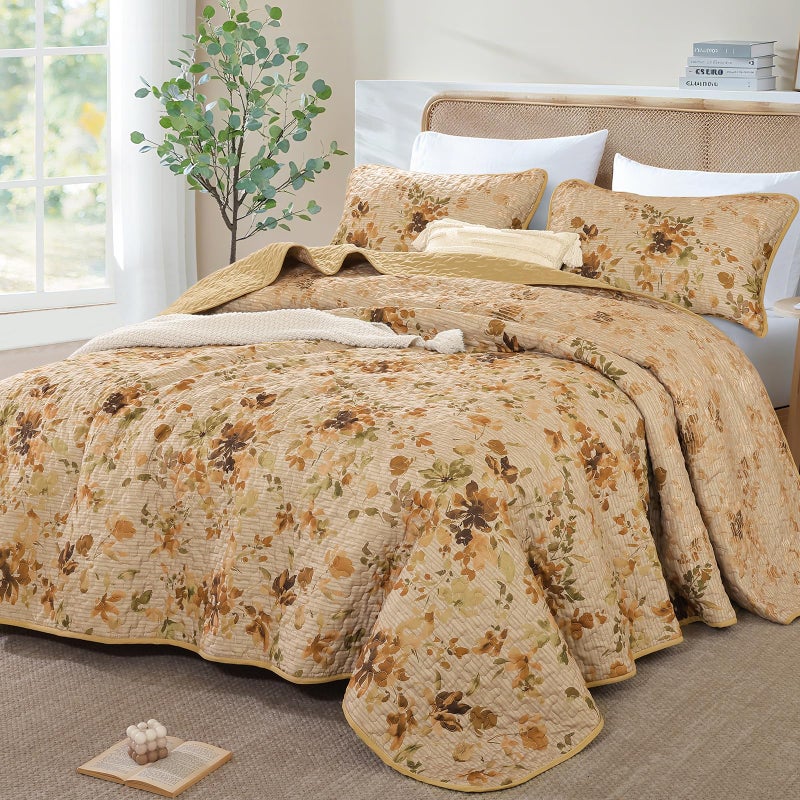 Dobuyly Quilt Set King Size, Khaki Floral Bedspreads Coverlet Set, 3 Pieces Soft Lightweight Microfiber Botanical Flowers Quilt Bedding Set for All Seasons 110"x90" - Image 2