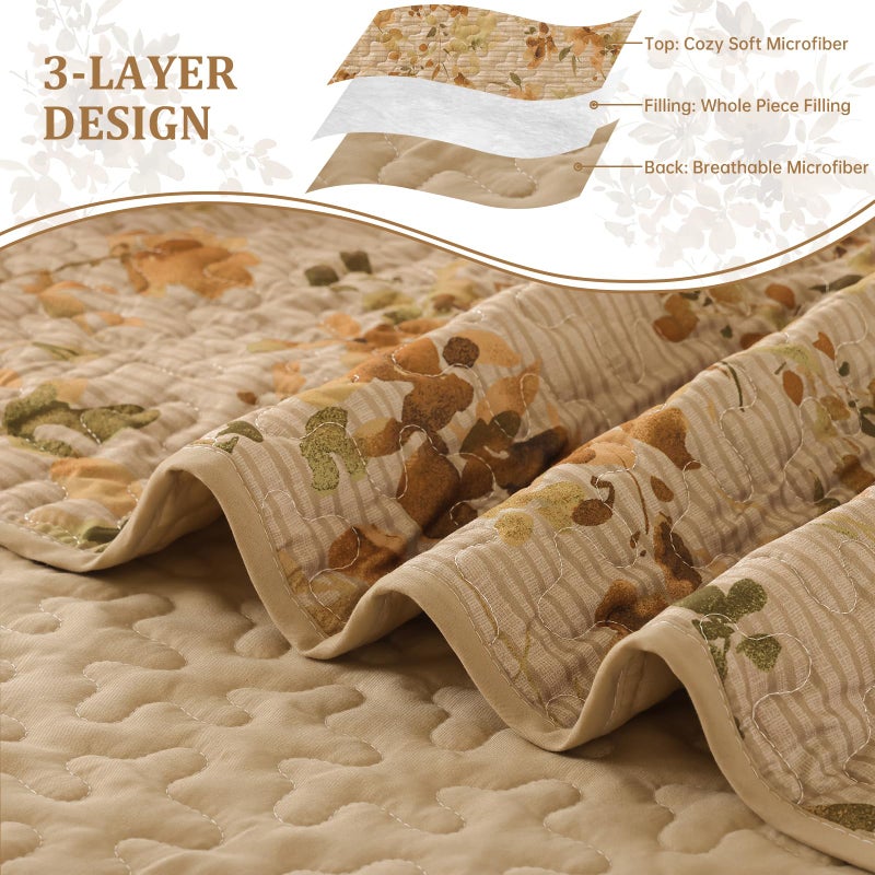 Dobuyly Quilt Set King Size, Khaki Floral Bedspreads Coverlet Set, 3 Pieces Soft Lightweight Microfiber Botanical Flowers Quilt Bedding Set for All Seasons 110"x90" - Image 5