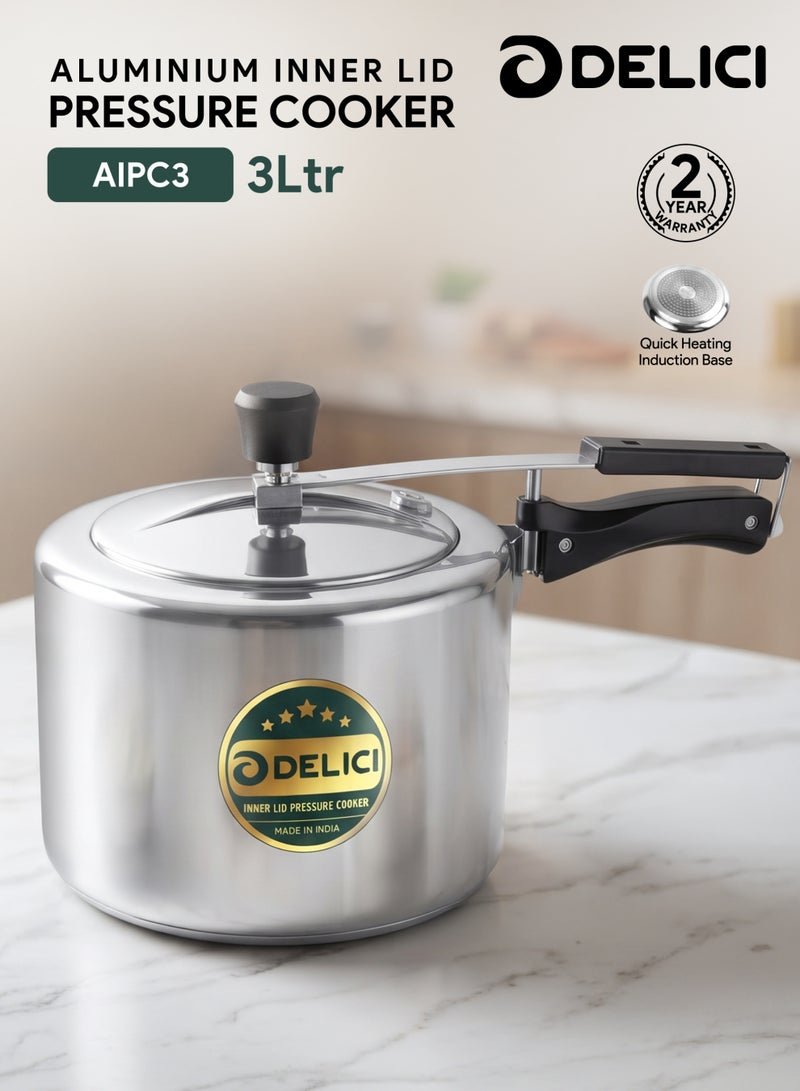 DELICI 3Liters Pressure Cooker 3 Liter Inner lid Aluminium AIPC3 | Quick Heating Induction Base | Durable Safety Valve | Food Grade Rubber Basket | Specially Designed Handle | Durable Safety Valve Cooker Silver - Image 1