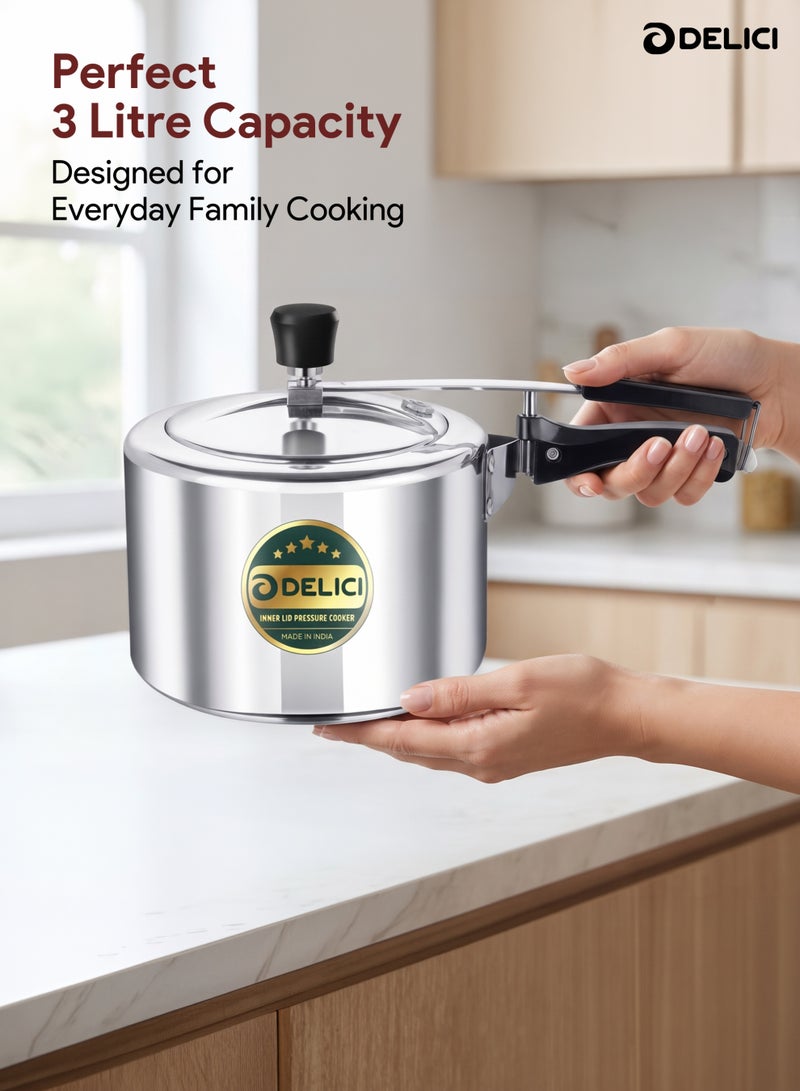 DELICI 3Liters Pressure Cooker 3 Liter Inner lid Aluminium AIPC3 | Quick Heating Induction Base | Durable Safety Valve | Food Grade Rubber Basket | Specially Designed Handle | Durable Safety Valve Cooker Silver - Image 2