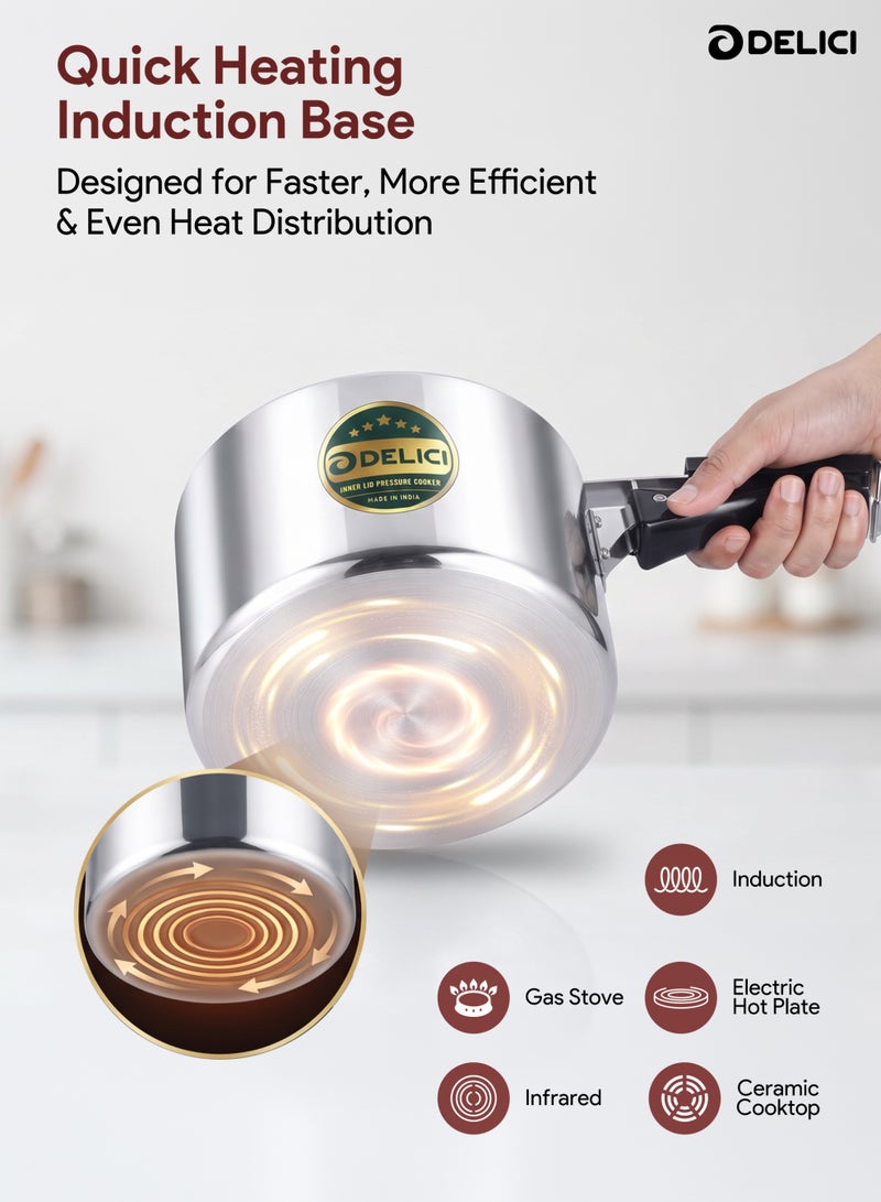 DELICI 3Liters Pressure Cooker 3 Liter Inner lid Aluminium AIPC3 | Quick Heating Induction Base | Durable Safety Valve | Food Grade Rubber Basket | Specially Designed Handle | Durable Safety Valve Cooker Silver - Image 3