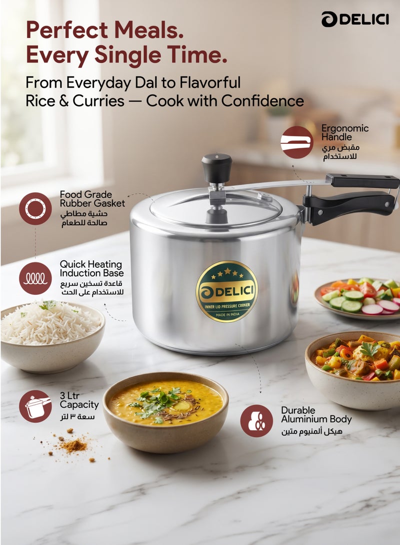 DELICI 3Liters Pressure Cooker 3 Liter Inner lid Aluminium AIPC3 | Quick Heating Induction Base | Durable Safety Valve | Food Grade Rubber Basket | Specially Designed Handle | Durable Safety Valve Cooker Silver - Image 4