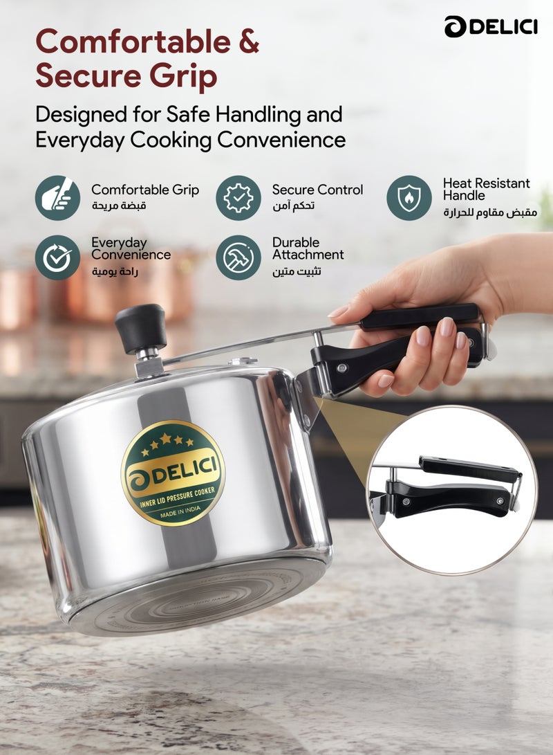 DELICI 3Liters Pressure Cooker 3 Liter Inner lid Aluminium AIPC3 | Quick Heating Induction Base | Durable Safety Valve | Food Grade Rubber Basket | Specially Designed Handle | Durable Safety Valve Cooker Silver - Image 5