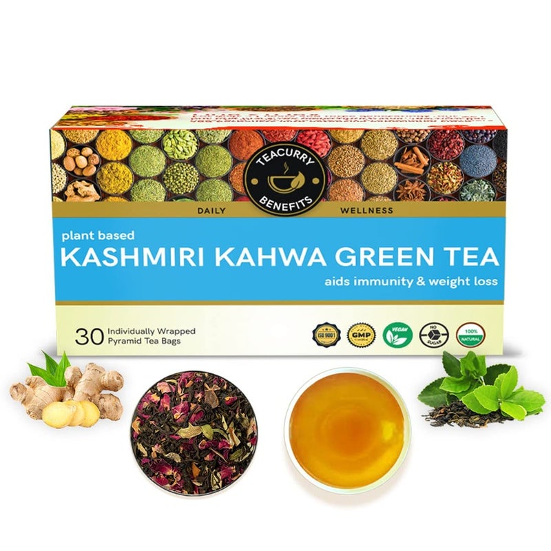 TEACURRY Kashmiri Kahwa Green Tea - 30 Pyramid Tea Bags | Almond, Rose, Cardamom, Cinnamon | Kashmiri Kahwa Green Tea Helps in Weight Loss, Immunity & Digestion - Image 1