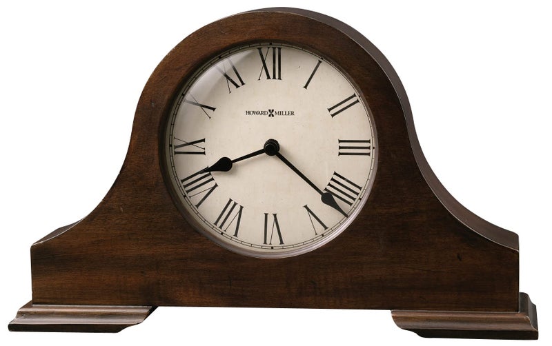 Howard Miller Howard Miller Humphrey Mantel Clock Roman Numerals Analog Dial with Quartz Movement Triangular Burl Overlays Hampton Finish Aged Vintage Design for Home Decor Bedroom  Living Room
