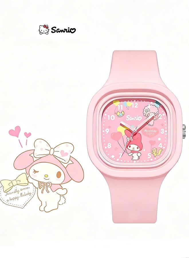 Happy D Pink Square Cartoon Sanrio Melody Pattern Children's Watch Silicone Strap Suitable for Kids of All Ages Gift Watches - Image 1