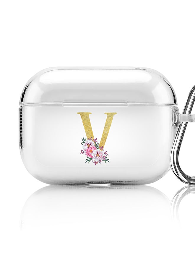 Stylizedd Classic Clear printed Case for Apple AirPods Pro 2nd Generation Thin Transparent Cover - Custom Monogram Initial Letter Floral Pattern Alphabet - V (Clear ) - Image 1
