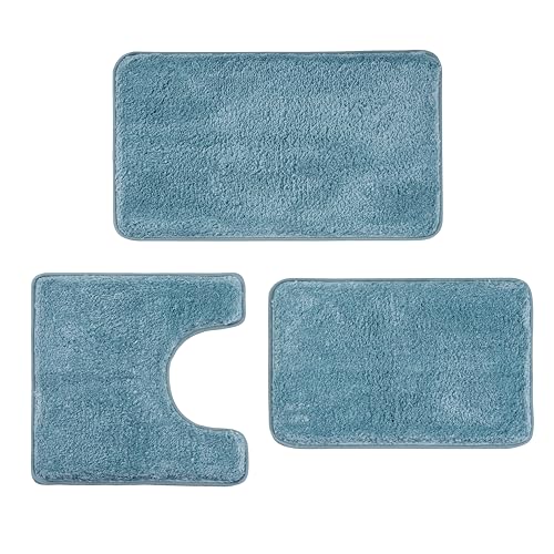 WCBSTT 3 Pieces Luxury Bathroom Rug Set with U-Shaped Toilet Rug, Non-Slip Rubber Bottom, Thick Microfiber Fluffy Plush, Water absorption, Quick Dry, Ultra Soft, Bath Mats for Bathroom, Tub(Lake Blue) - Image 1
