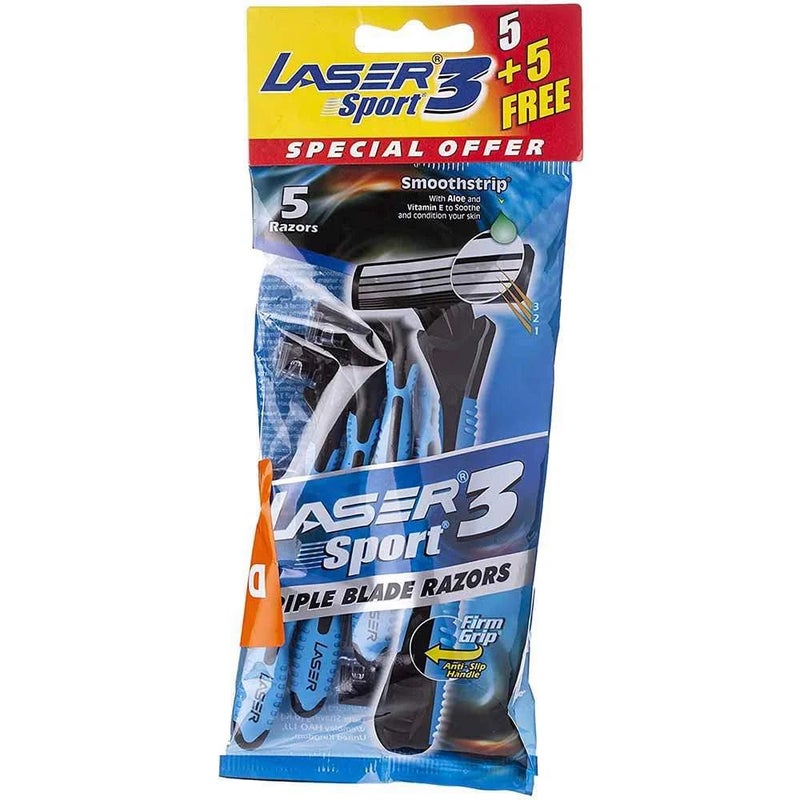Laser 3 Triple Blade Disposable Razors 5+5 Pack, Laser Disposable Razors for Men 10pcs Pack - Image 1